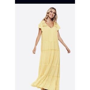 POL Maxi Dress Size Large Butter Yellow Tiered Lace Boho Peasant